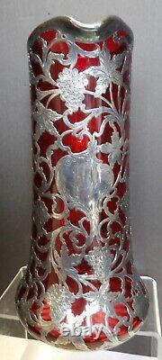 1910 Alvin Sterling Silver Overlay Ruby Glass Pitcher 10 1/2