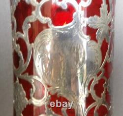 1910 Alvin Sterling Silver Overlay Ruby Glass Pitcher 10 1/2