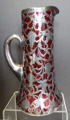 1910 Alvin Sterling Silver Overlay Ruby Glass Pitcher 10 1/2