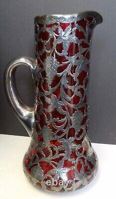 1910 Alvin Sterling Silver Overlay Ruby Glass Pitcher 10 1/2