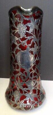 1910 Alvin Sterling Silver Overlay Ruby Glass Pitcher 10 1/2