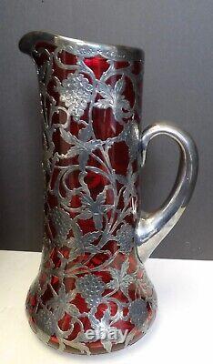 1910 Alvin Sterling Silver Overlay Ruby Glass Pitcher 10 1/2