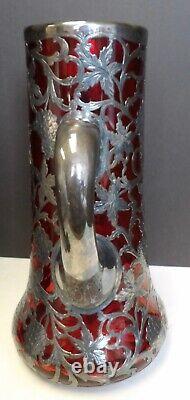 1910 Alvin Sterling Silver Overlay Ruby Glass Pitcher 10 1/2