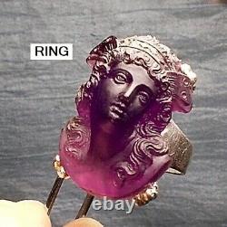 1910 Amethyst Glass Cameo Ring 2 Hair Combs Long Curly Tendril Face Forward OOAK