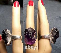 1910 Amethyst Glass Cameo Ring 2 Hair Combs Long Curly Tendril Face Forward OOAK