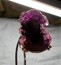 1910 Amethyst Glass Cameo Ring 2 Hair Combs Long Curly Tendril Face Forward OOAK