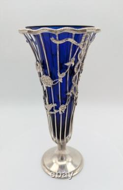 1917 London Sterling Silver Overlay Vase with Cobalt Glass Liner 7.5