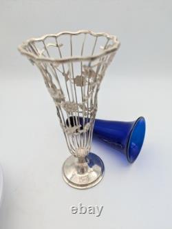 1917 London Sterling Silver Overlay Vase with Cobalt Glass Liner 7.5