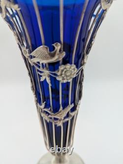 1917 London Sterling Silver Overlay Vase with Cobalt Glass Liner 7.5