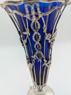 1917 London Sterling Silver Overlay Vase with Cobalt Glass Liner 7.5