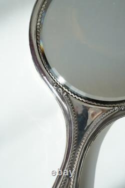1917 Sterling Silver Hand Mirror Beaded Rim, Beveled Glass & Engraved Monogram