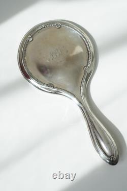 1917 Sterling Silver Hand Mirror Beaded Rim, Beveled Glass & Engraved Monogram