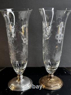 1920S FRANK WHITING Vases 2Sterling Silver & Etched Cut Glass Floral Art Deco