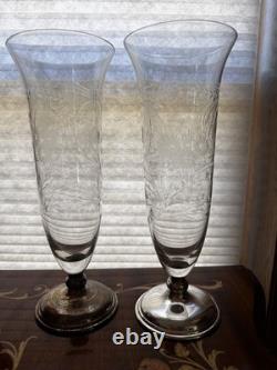 1920S FRANK WHITING Vases 2Sterling Silver & Etched Cut Glass Floral Art Deco