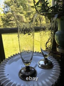 1920S FRANK WHITING Vases 2Sterling Silver & Etched Cut Glass Floral Art Deco