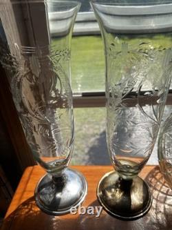 1920S FRANK WHITING Vases 2Sterling Silver & Etched Cut Glass Floral Art Deco