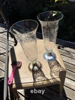 1920S FRANK WHITING Vases 2Sterling Silver & Etched Cut Glass Floral Art Deco