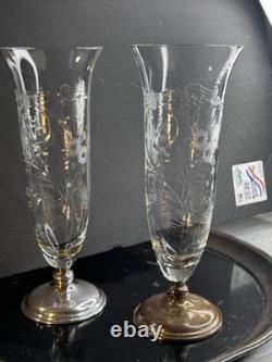 1920S FRANK WHITING Vases 2Sterling Silver & Etched Cut Glass Floral Art Deco