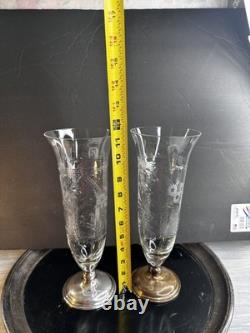 1920S FRANK WHITING Vases 2Sterling Silver & Etched Cut Glass Floral Art Deco
