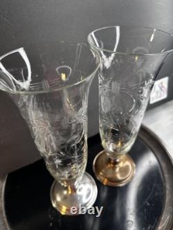 1920S FRANK WHITING Vases 2Sterling Silver & Etched Cut Glass Floral Art Deco