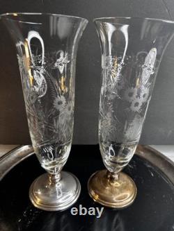 1920S FRANK WHITING Vases 2Sterling Silver & Etched Cut Glass Floral Art Deco