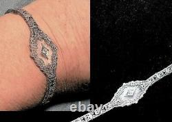 1920 Camphor Glass Bracelet Marquise Shaped Sterling Edwardian Filigree Hallmark