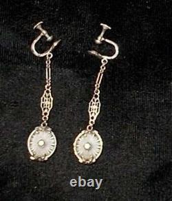 1920s CAMPHOR Glass Earrings Lovely Art Deco Silver with 2 Long Dangle Filigree