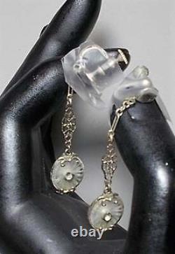1920s CAMPHOR Glass Earrings Lovely Art Deco Silver with 2 Long Dangle Filigree