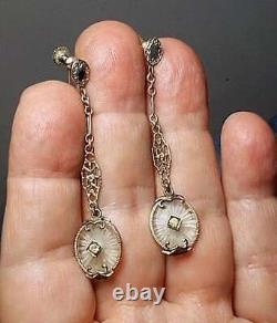 1920s CAMPHOR Glass Earrings Lovely Art Deco Silver with 2 Long Dangle Filigree
