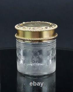 1927 English Sterling Silver Gilt Cut Frosted Glass Small Dresser Vanity Jar 3/3
