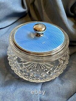 1928 Sterling Silver Blue Enamel Guilloche Lidded Glass Powder Richard Comyns
