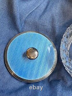 1928 Sterling Silver Blue Enamel Guilloche Lidded Glass Powder Richard Comyns