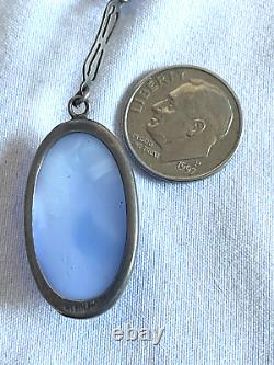 1930's Antique Sterling Silver Blue Glass Y Necklace Free Ship
