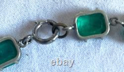 1930's Antique Sterling Silver Green Glass Faux Emerald Choker Necklace Free Shi