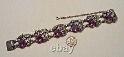 1940s Hobe Sterling Silver Purple Glass Jewel Square Floral Link Bracelet as is