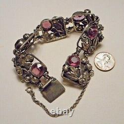 1940s Hobe Sterling Silver Purple Glass Jewel Square Floral Link Bracelet as is