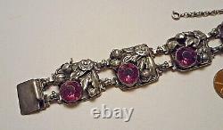 1940s Hobe Sterling Silver Purple Glass Jewel Square Floral Link Bracelet as is