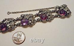 1940s Hobe Sterling Silver Purple Glass Jewel Square Floral Link Bracelet as is