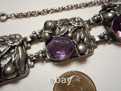 1940s Hobe Sterling Silver Purple Glass Jewel Square Floral Link Bracelet as is