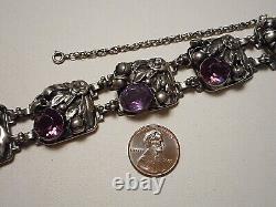 1940s Hobe Sterling Silver Purple Glass Jewel Square Floral Link Bracelet as is