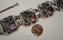 1940s Hobe Sterling Silver Purple Glass Jewel Square Floral Link Bracelet as is