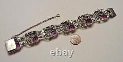 1940s Hobe Sterling Silver Purple Glass Jewel Square Floral Link Bracelet as is