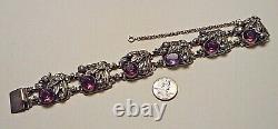 1940s Hobe Sterling Silver Purple Glass Jewel Square Floral Link Bracelet as is