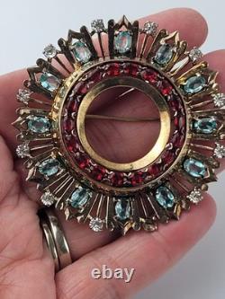 1940s Sterling Silver Brooch Blue Red Glass Stones GLOWS! Hard To Find READ READ