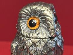 1950s Tiffany & Co Sterling Silver Glass Eyes Owl Mustard Pot