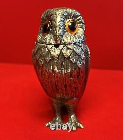 1950s Tiffany & Co Sterling Silver Glass Eyes Owl Mustard Pot