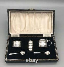 1951 English Sterling Silver Suckling Salt Pepper Condiment Blue Glass Set & Box