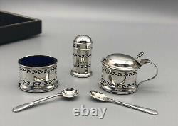 1951 English Sterling Silver Suckling Salt Pepper Condiment Blue Glass Set & Box