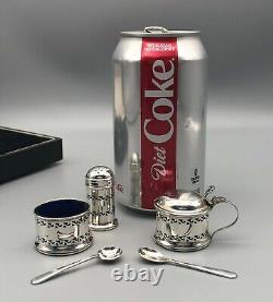1951 English Sterling Silver Suckling Salt Pepper Condiment Blue Glass Set & Box