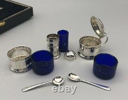 1951 English Sterling Silver Suckling Salt Pepper Condiment Blue Glass Set & Box